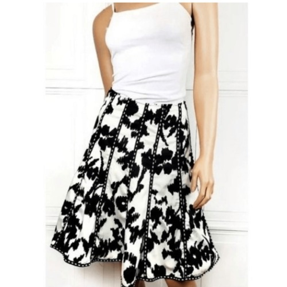 Cabi Womens Embroidered Stitch A-Line Flared Skirt Black & Ivory Size 4